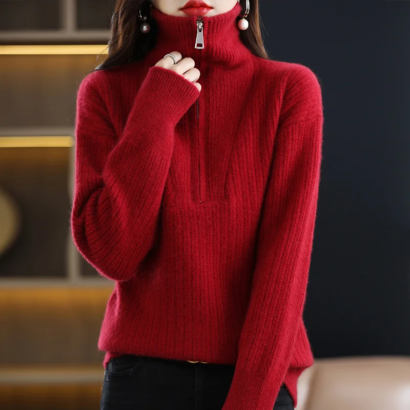 

100% Merino Wool Women's High neck Sweater Autumn and Winter Casual Knitting Loose Top fashion Zipper Half Open Neck Pullover