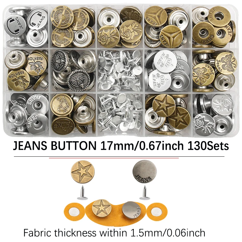 40-130세트 17mm 청바지 단추, 플라이어 포함, 바느질 없이 허리 사이즈 조절 가능한 청바지 코트용 단추, 바느질 액세서리