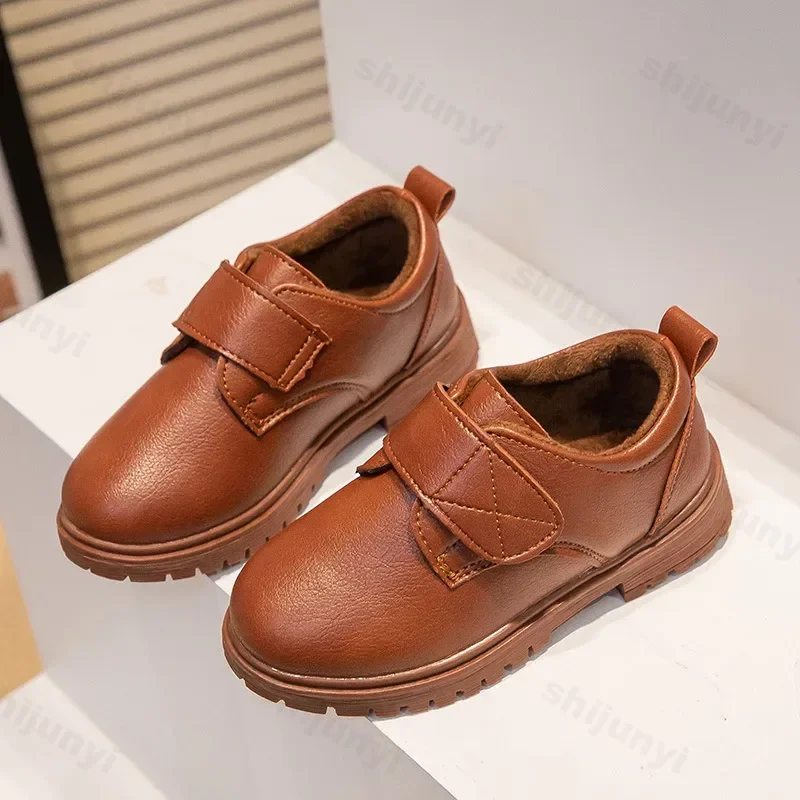 Autumn Winter New Boys Leather Shoes Children Britain Style Black Casual Cotton Shoes for Girls Performance Slip-on Loafers