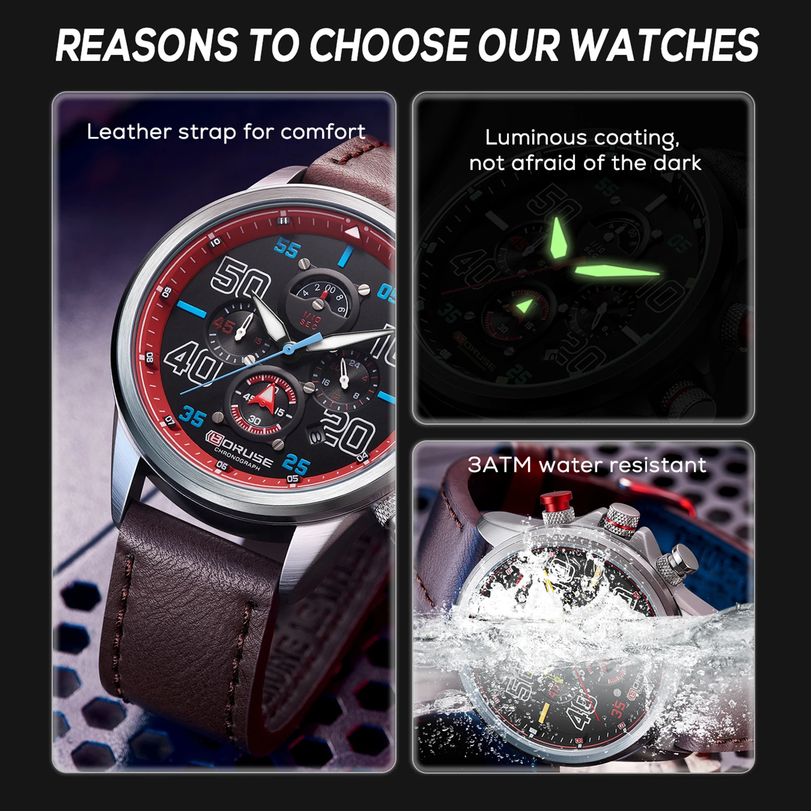 BORUSE Fashion Mens Watches Luxury Men Wrist Watch Leather Quartz Watch Sports Waterproof Luminous Male Clock With Box