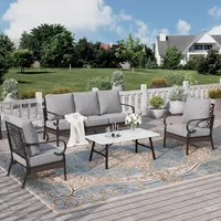 2 x Cushioned Metal Chair, 1 x 3-Seat Sofa with Coffee Table, All Cushioned 5 Seats Patio, Garden Sofas 1