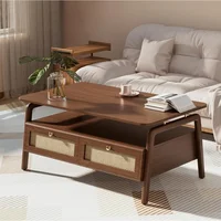 Mid Century Modern Coffee Table with 4 Rattan Drawers,Coffee Tables for Living Room,Convenient for Eating,Gaming,or Working 1