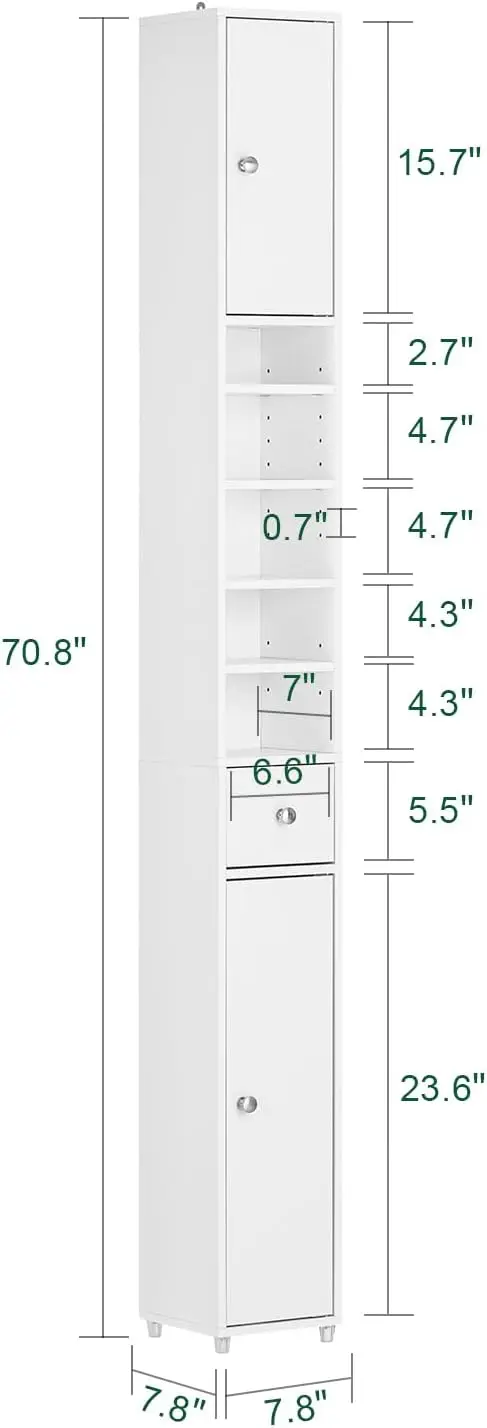 Narrow Storage Cabinet. Skinny Tall Unit. Adjustable Shelves. Anti-Tipping. Floor Standing. Laundry Room. White. BZR34-W.