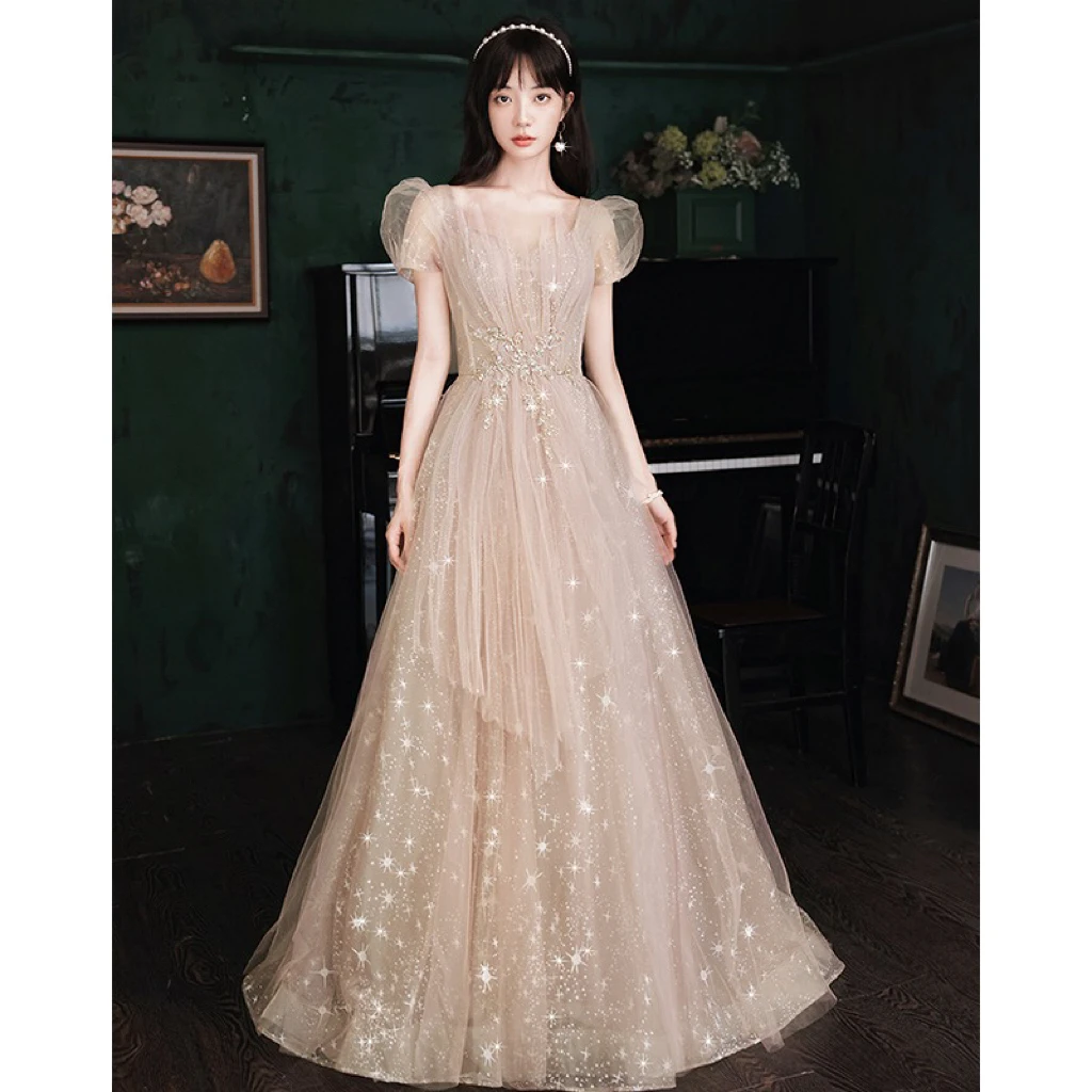 

Fairy Celebrity Dresses Shiny Applique Puff Sleeve Bridal Wedding Charming Pleated Sequins Birthday Party Prom Gowns Quinceanera