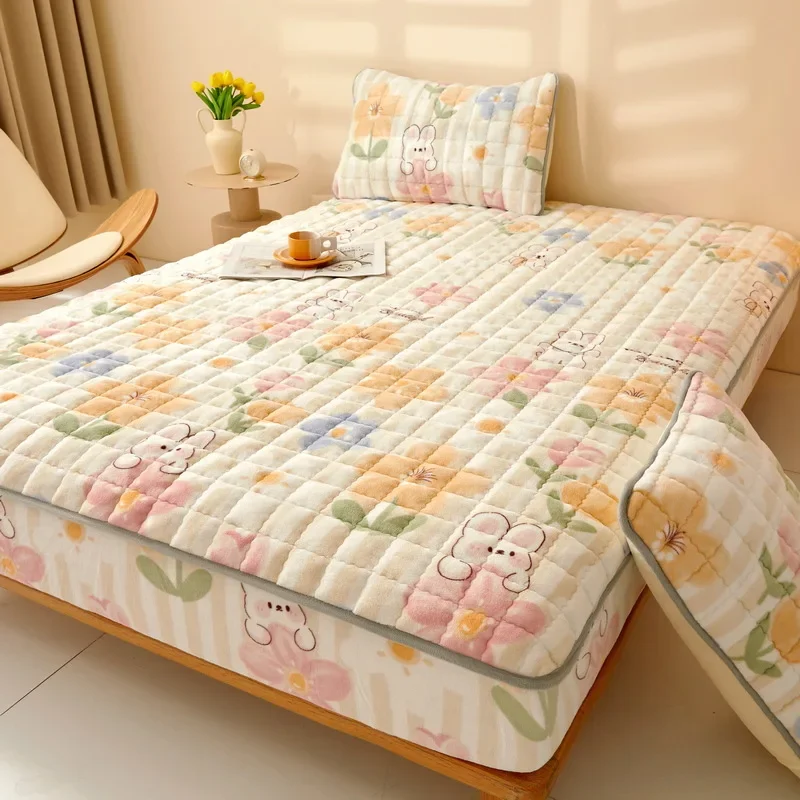 

Velvet Mattress Cover Pad Checkerboard Series Soybean Antibacterial Cotton Fitted Sheet Double Bed Dust Mite Queen Size