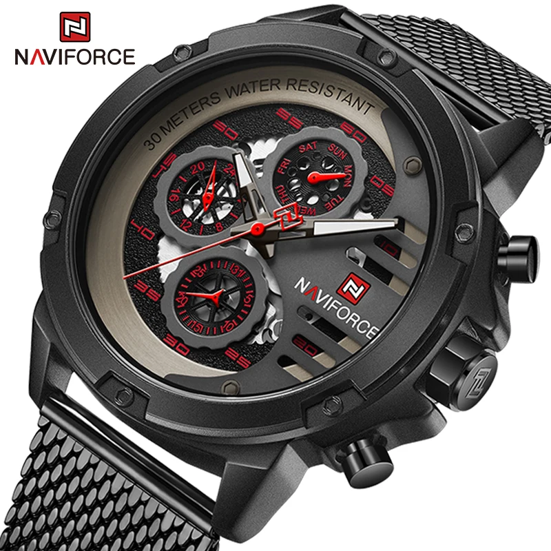 

NAVIFORCE Male Military Sport Multifunction Wristwatch Creative Mesh Stainless Steel Waterproof Quartz Mens Watches Reloj Hombre