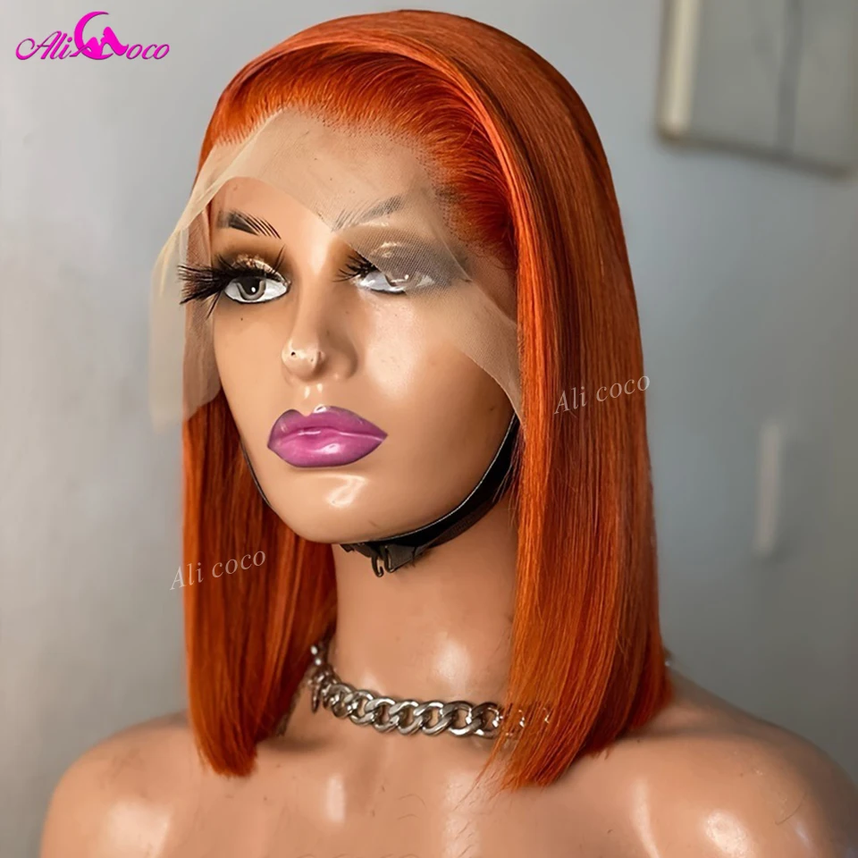 

180 Density Orange Ginger Bob Straight Human Hair Wig Pre Plucked 13x4 Lace Frontal Human Hair Wig Orange Color Bob Wig For Woma