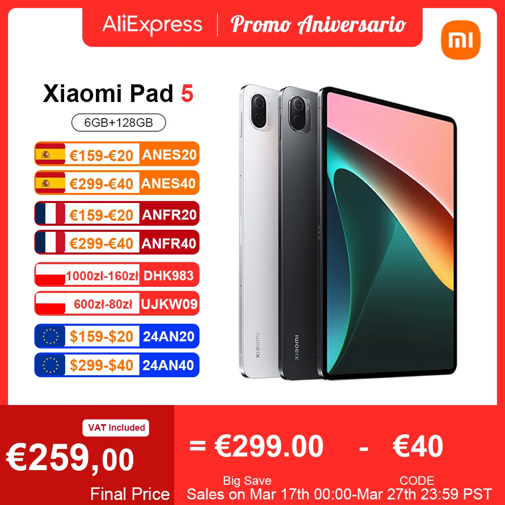 Versione Globale Xiaomi Pad 5 11 ''Tablet 6Gb 128Gb Bluetooth Mi Pad Wqhd + 120Hz Snapdragon 860 4 Altoparlanti Stereo Batteria 8720Mah