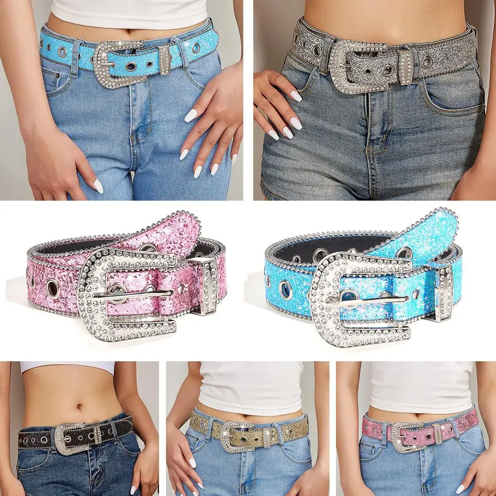 

Fashion Women Belt Sparkling Rhinestone Decoration PU Leather Buckle Best Matching Dress Jeans Belts For Lady 5 Color D0Z4