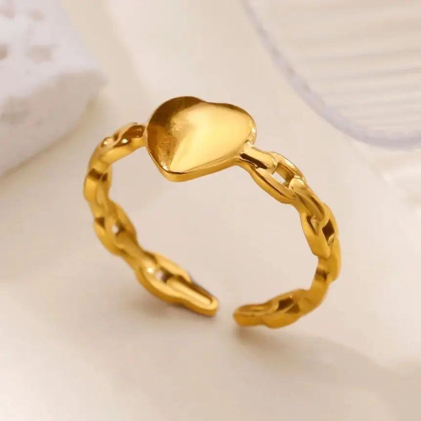 Heart Rings For Women Gold Color Stainless Steel Opening Heart Ring