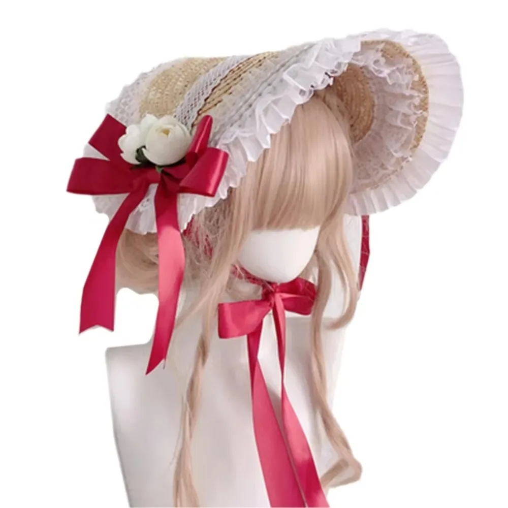 Neuer französischer ländlicher Stil, Lolita-Strohhut, Band, Schleife mit Riemen, Band, Blume, Strandhut, Haarschmuck, Rüschen, Spitze, flacher Hut – Detail 22