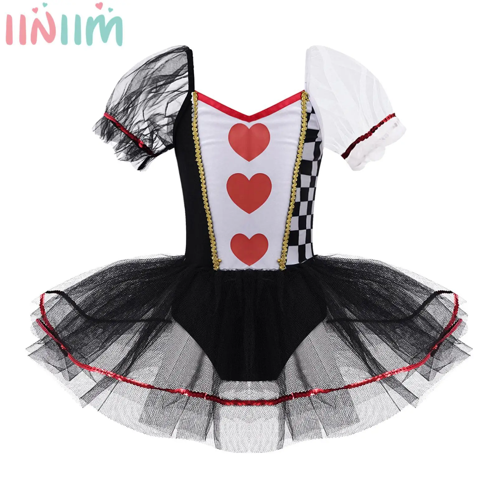 

Kids Girls Clown Cosplay Performance Costume Theme Carnival Party Short Sleeves Printed Mesh Tutu Dress Ballet Dance Bodysuit