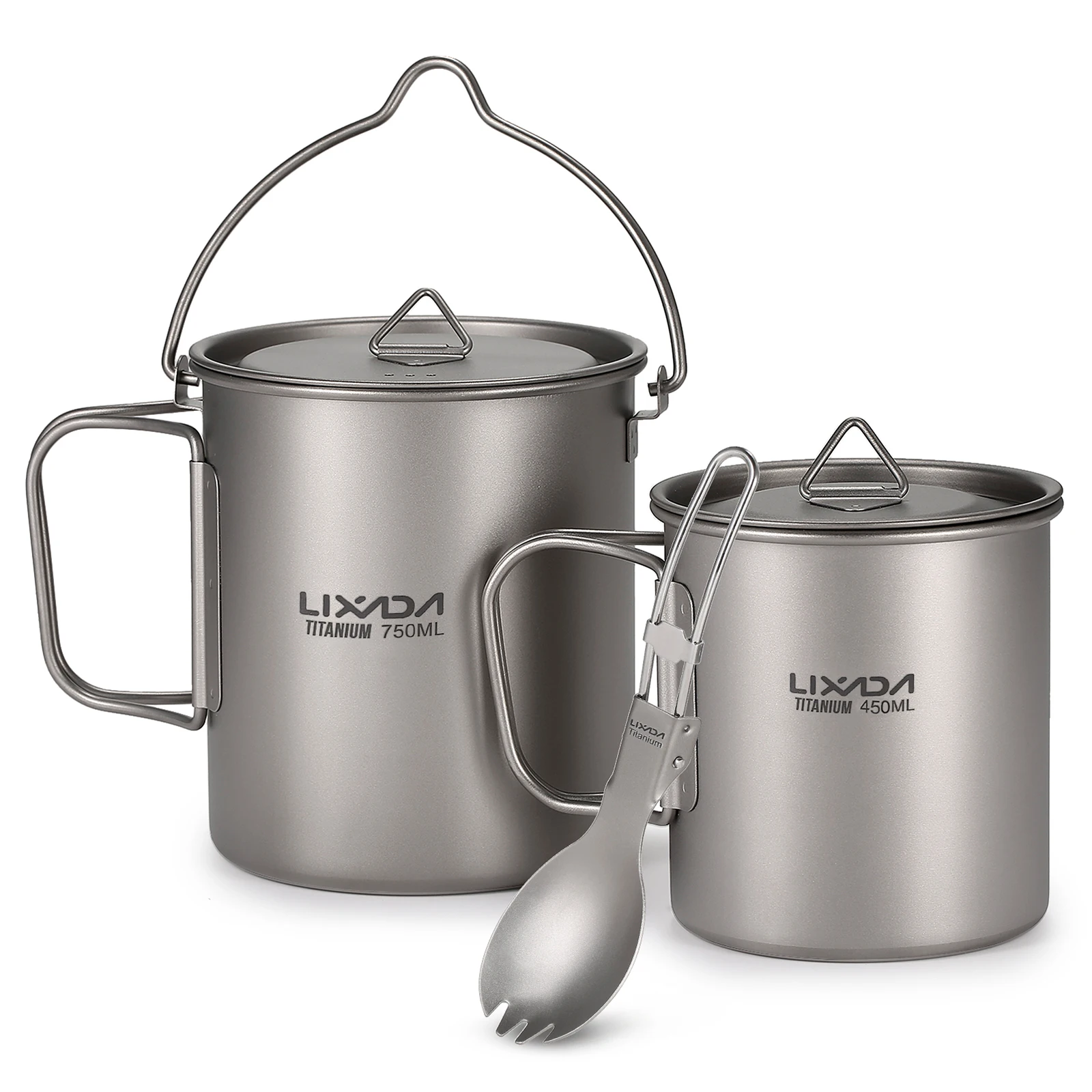 Juegos de vajilla de titanio para acampar, taza de agua con tapa, taza de Spork plegable para exteriores, Camping, senderismo, mochilero