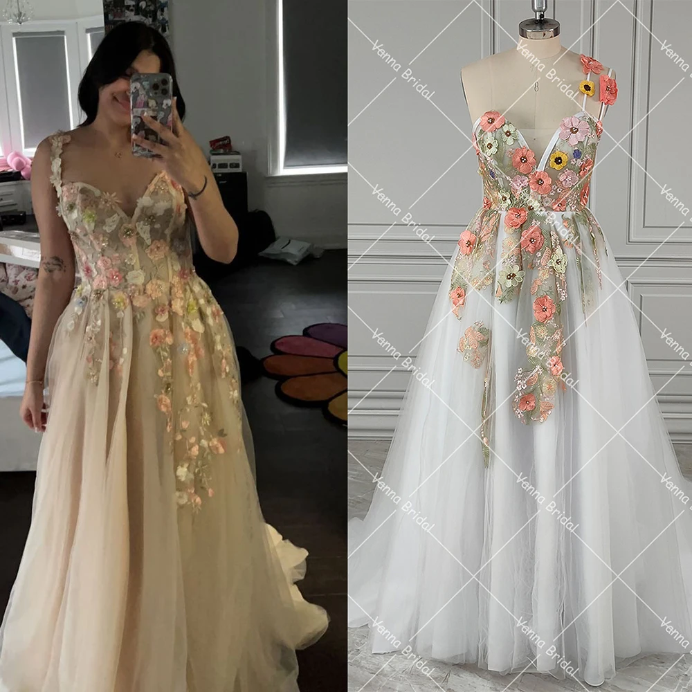 

Sweetheart Embroidered Colorful Flowers Blossom Gowns For Prom Special Occasions High Split Tulle Boning 3D Fairy Wedding Gowns