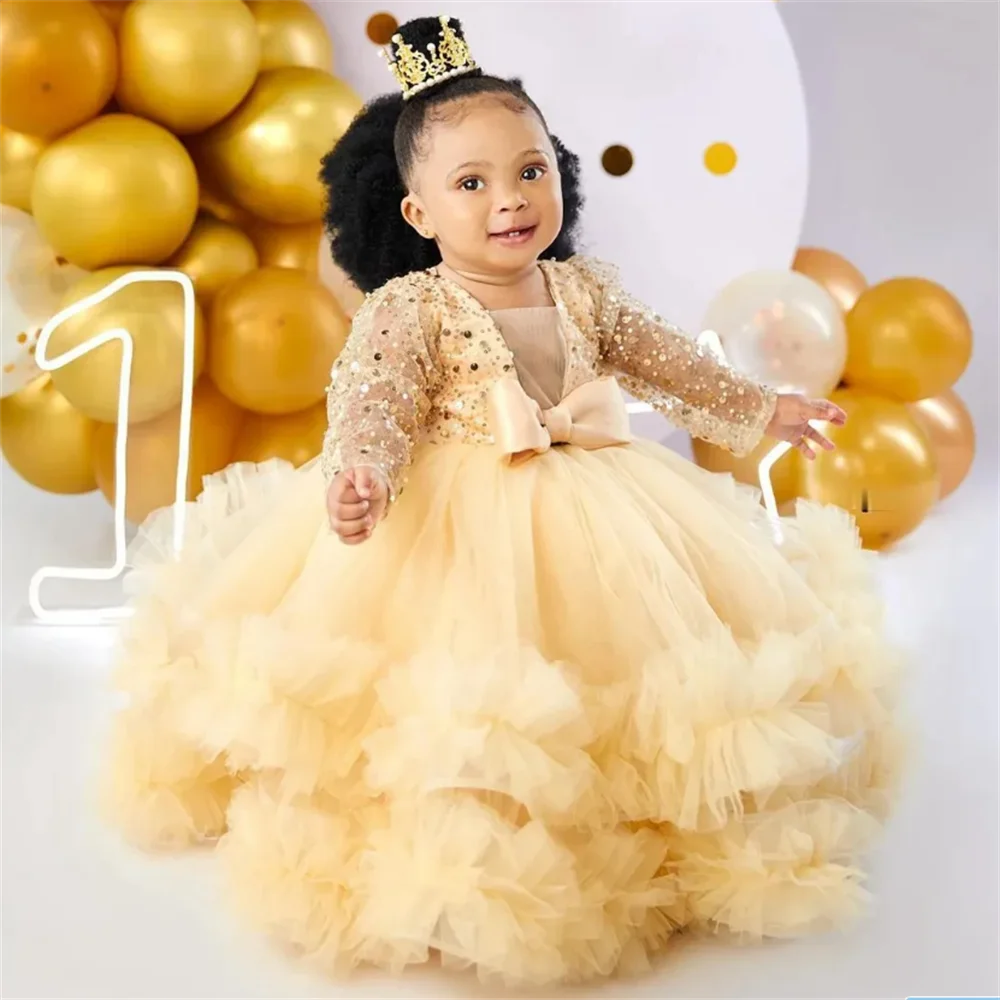 green emerald velvet dress Baby Girl Formal Princess Dress Baby Girl Sequin Mesh Puffy Birthday Party Dress, Champagne Gold / 1-2 Years (90cm)