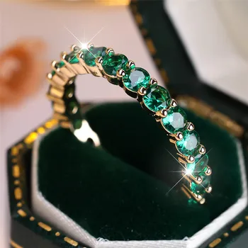 Single Row Green Crystal Small Round Stone Rings For Women Vintage Trendy Gold Color Wedding Band Bridal Jewelry Engagement Gift