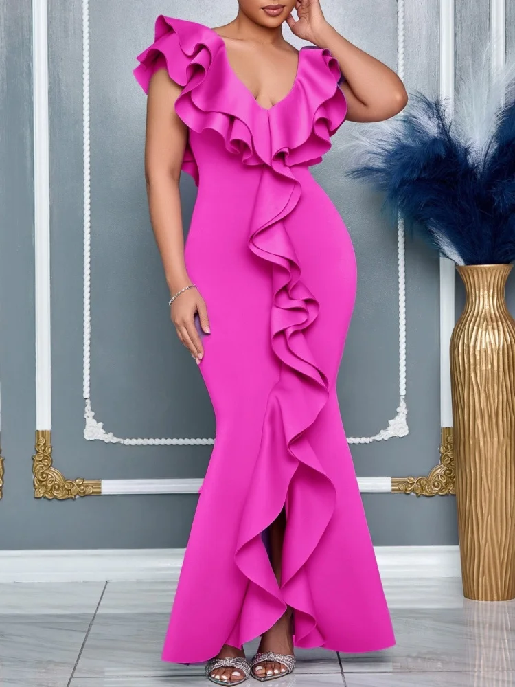 Wmstar 2025 New Women Fashionable Elegant Summer Dress Solid Color V Neck Ruffled Slit Fishtail Dress Short Sleeve High Waist