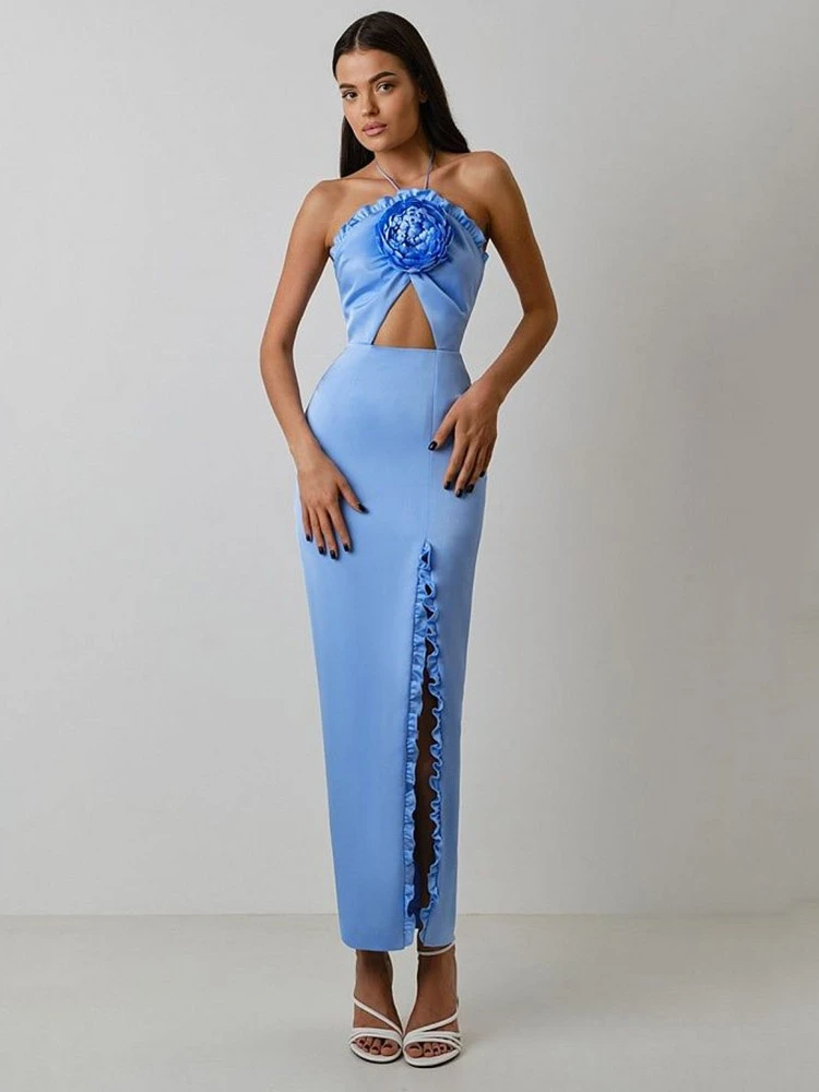 

2023 Summer Women's Sexy Strapless Open Back Flower Hollow Ruffle Edge Split Long Bandage Dress Celebrity Party Dress