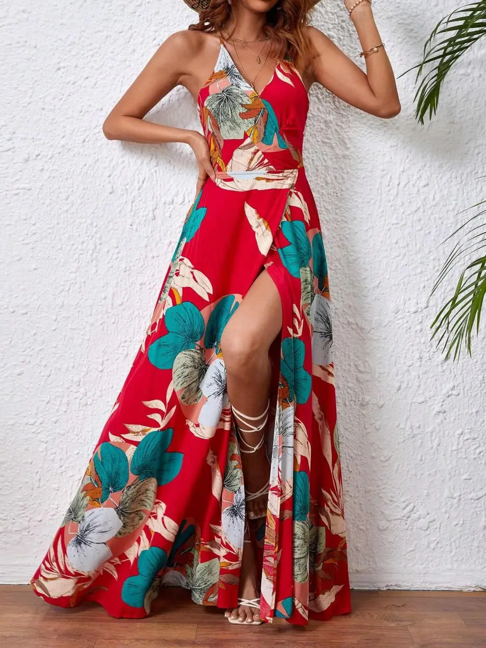 Fashion Flower Print Spaghetti Strap Dresses Women Sexy V-neck Backless Slit Long Dress Bohemian Style Vacation Beach Vestidos