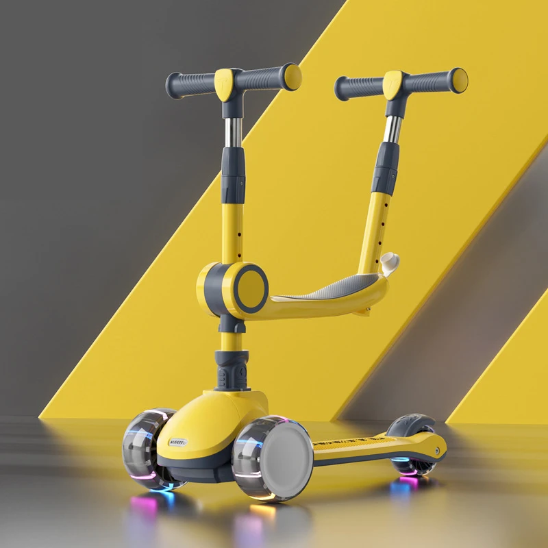For 2-8 Years Children Cycling Kick Scooter With Seat And Pusher Flash Wheels Board Adjustable Height Kid Foot Pedal Scooters