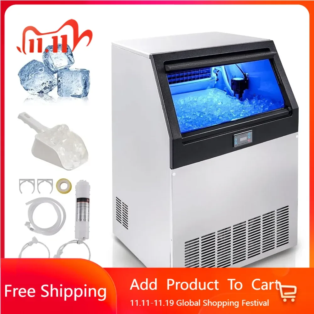 Commercial ice maker, 160 pounds/24 hours, ice maker,80 cubes in 12-15 minutes, 6-pound storage capacity LED digital display