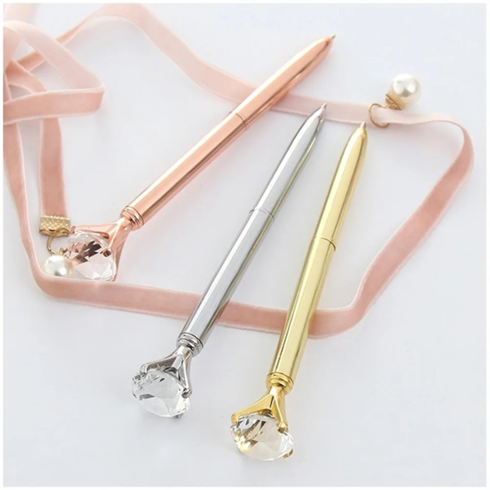 3 Pcs Plastic Luxury Portable Big Crystal Pen Diamond Ballpoint Pens Stationery Black Ink Ballpen Home Office School Supplies