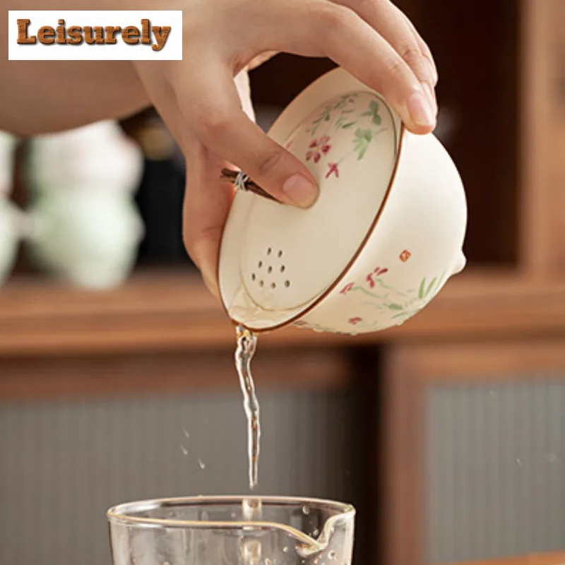 Off-white Hand Painted Flowers Travel Tea Set Kit Retro 1 Bowl 3 Cups Tea Maker Organizer Portable Outdoor Stock Bags Ornaments