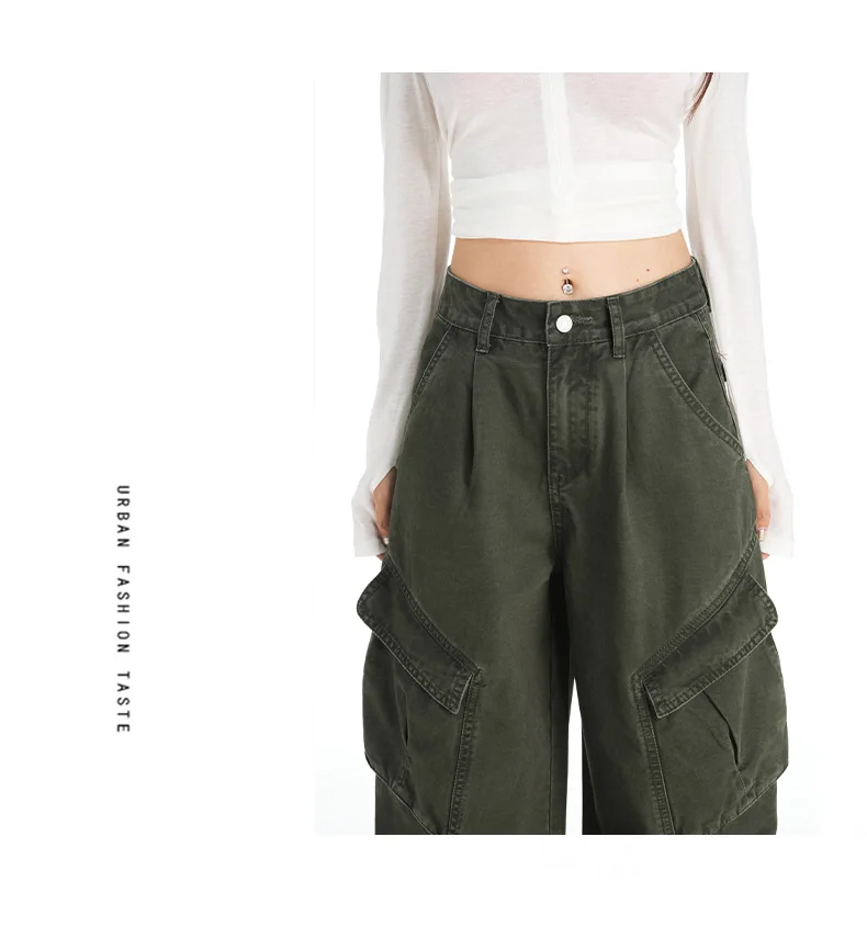 Retro Casual High Waisted Baggy Cargo Jeans Women Washed Distressed Wide Leg Pants Brown Denim Y2K Streetwear Vintage Trousers