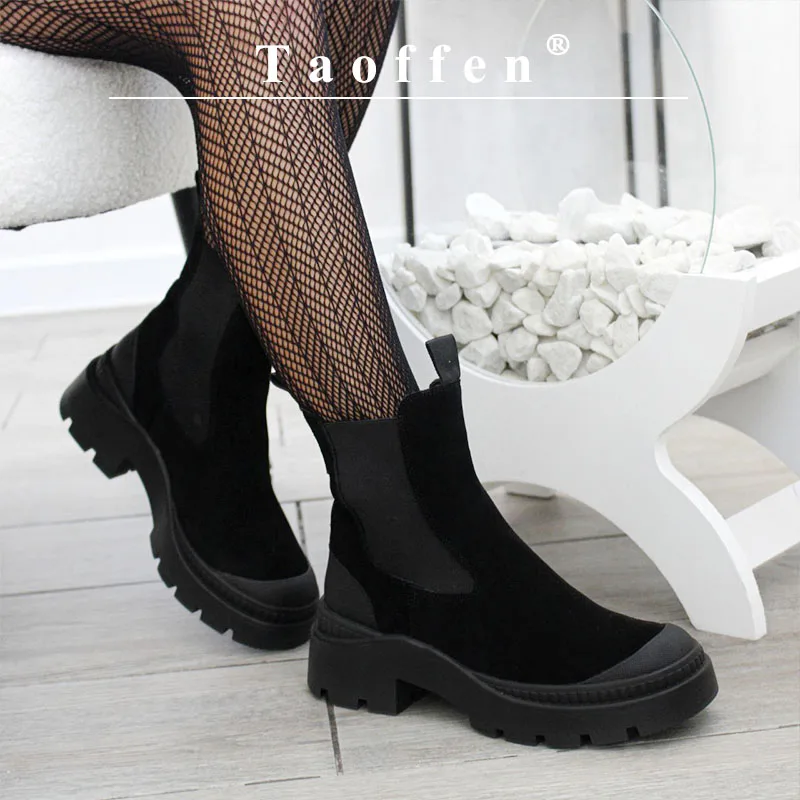 Taoffen 여성용 캐주얼 첼시 부츠, 천연 가죽, 따뜻한 겨울 롱 플러시 앵클 부츠, 블록 힐, 방수 미끄럼 방지 신발