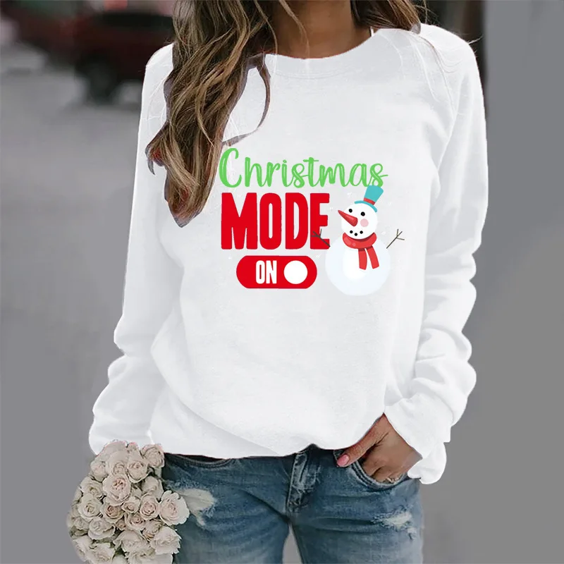 2023 New Christmas Sweatshirt Women's Long Sleeve Christmas Snowman Loose Merry Christmas Print Pullover