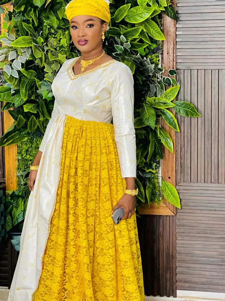 New in Dresses: Bazin Spliced Cotton Lace Long Dress-Elegant Evening Dress for Slimming & Stunning Look at Parties and Events