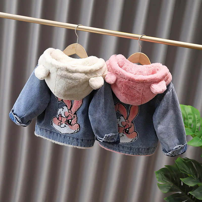 Girls Winter Cute Plush Thick Hooded Warm Denim Coat 2-10Y - Uniqwear