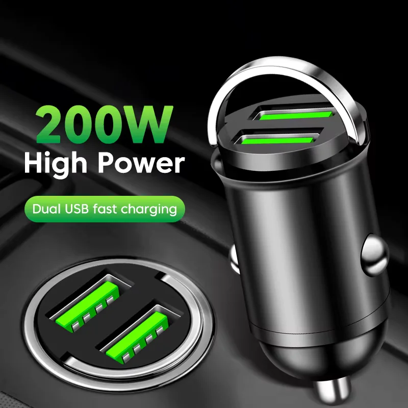 Caricabatterie da auto doppio USB 200W QC3.0 con ricarica rapida e adattatore per accendisigari con anello a strappo per cellulari