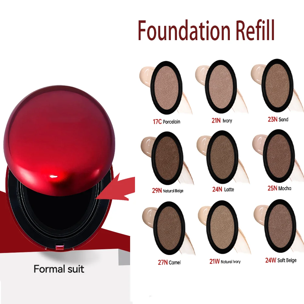 Cushion Foundation Refill Waterproof Semi-Matte Red Finish 72-Hour Wear Long-Lasting Buildable Coverage Sun Protection Makeup