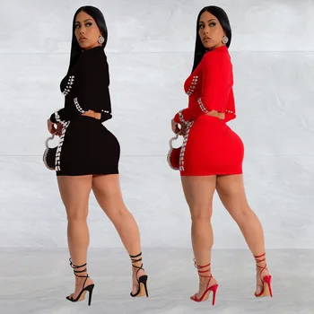 European and American fashion women's clothing long-sleeved sexy hip-wrapped short skirt hot diamond two-piece set