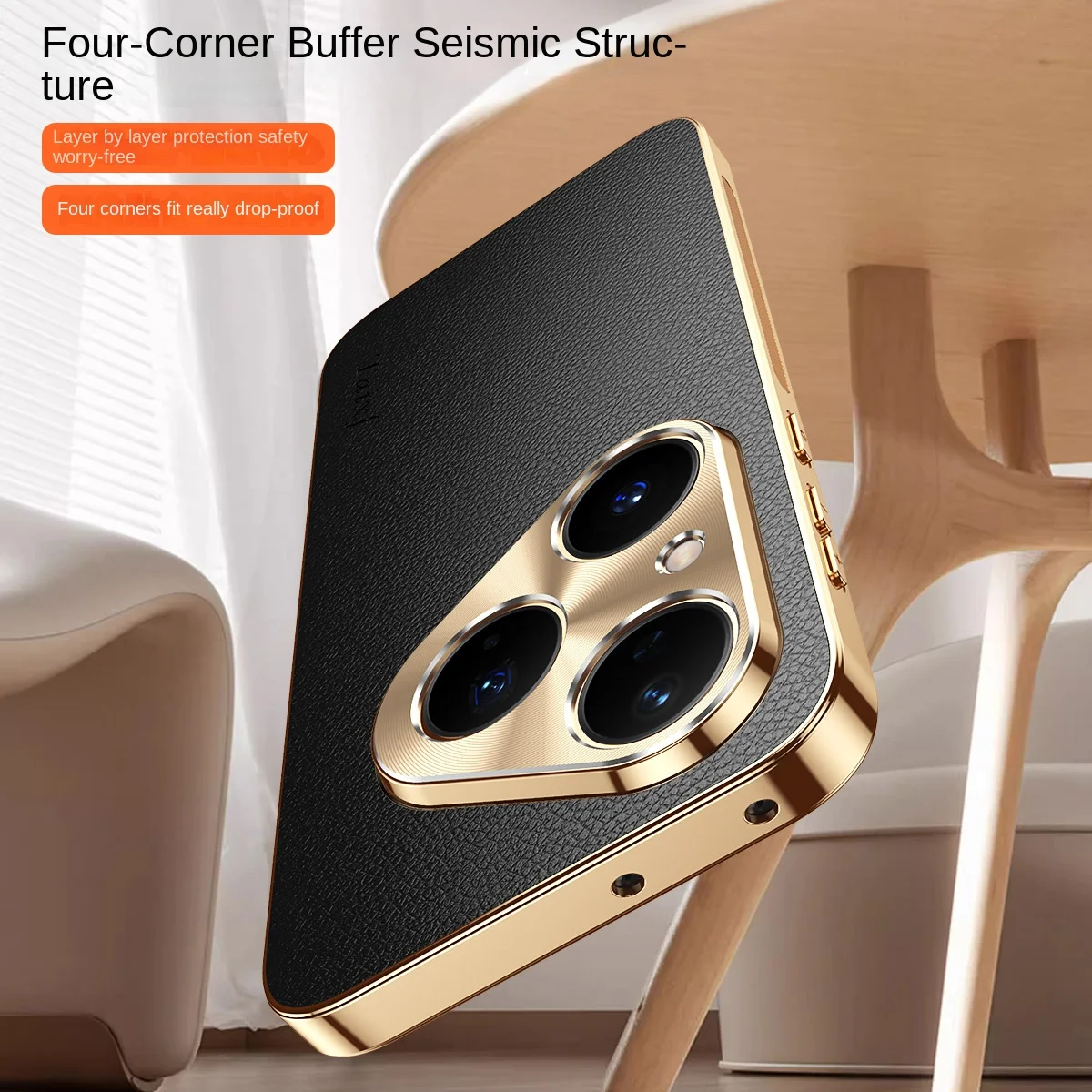 Luxury Vegan Leather Phone Case with Electroplated Edge and Shockproof Back Cover