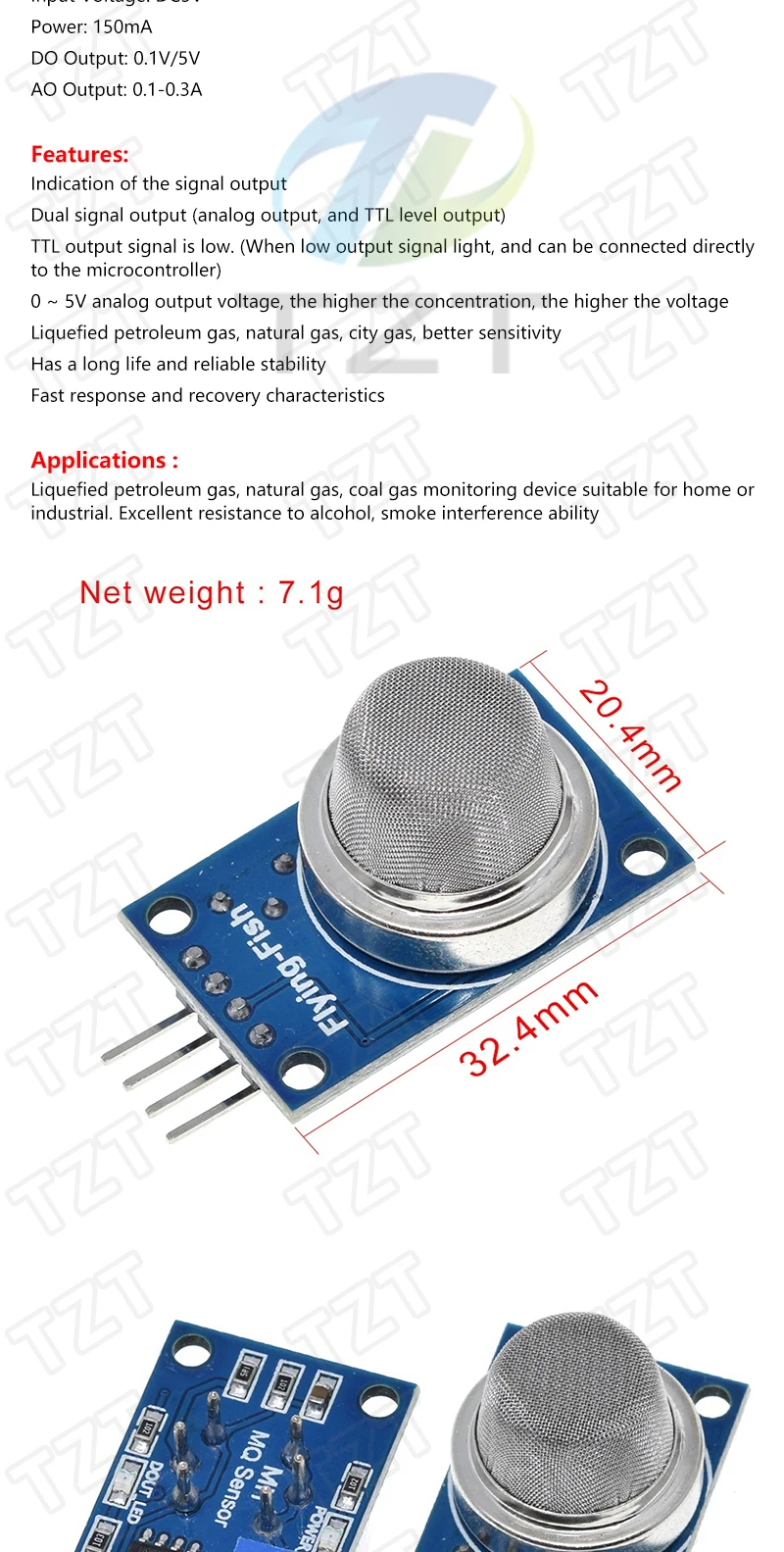 TZT 1/3 Stück TENG MQ-2 MQ-3 MQ-4 MQ-5 MQ-6 MQ-7 MQ-8 MQ-9 MQ-135 Sensor-Module zur Erkennung von Rauch, Methan und Flüssiggas für Arduino – Detail 8