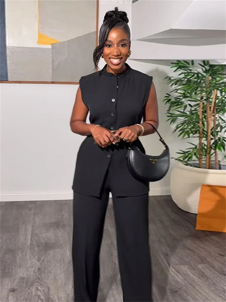 Wmstar Two Piece Set for Women Long Pants Stand Up Collar Button Sleeveless Waist Tie with Wide Legs Wholesale Dropshipping 2024