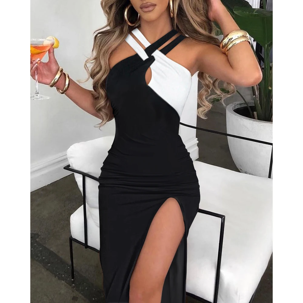 

Woman 2022 Fashion Casual Vintage Robe Bodycon High Waist Female Dress Sexy Patchwork Halter New Beach Sleeveless Summer Dresses