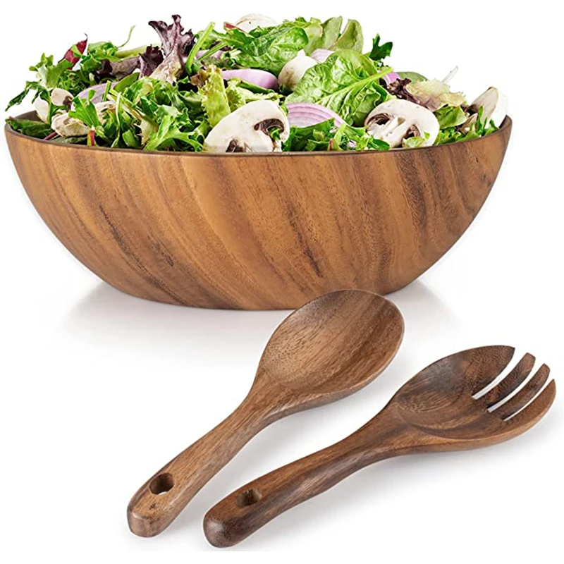 

Acacia Wooden Salad Bowl, Solid Hardwood Salad Mixing Bowl Set, Wood Serving Bowl Spoon Fork for Fruits Vegetables Decoration