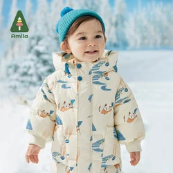 Amila Baby's Down Jacket 2022 Winter New Boys and Girls Cute Cartoon Print Down Warm Hooded Anti-chill Coat Kids Fashion Casual