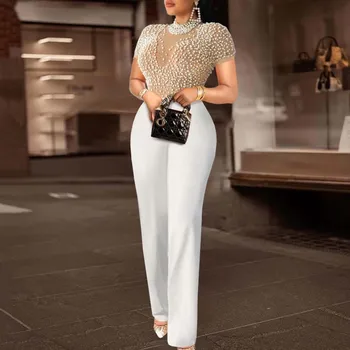 Elegant Jumpsuits & Rompers for Women O Nec Short Sleeve Beaded High Waisted Luxury Female Birthday Dinner Party Overalls Outfit 1