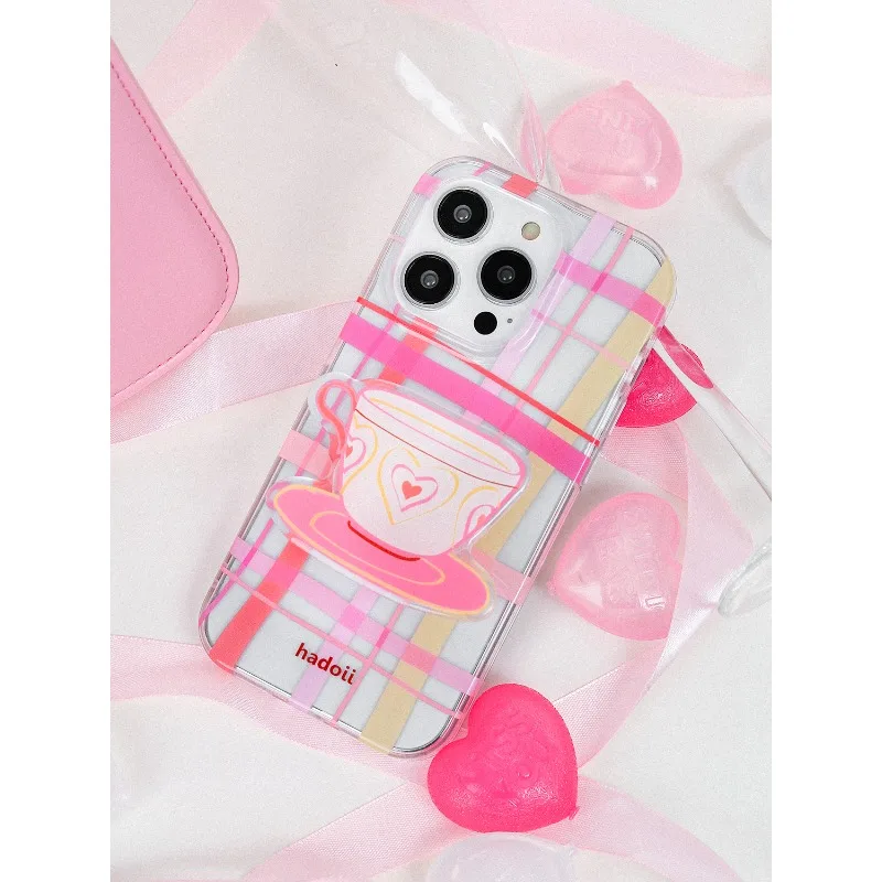 

Original Korean Cute Candy Color Striped Checkered Phone Case For iPhone 12 13 14 Pro Max Silicone Soft Cover with Bracket
