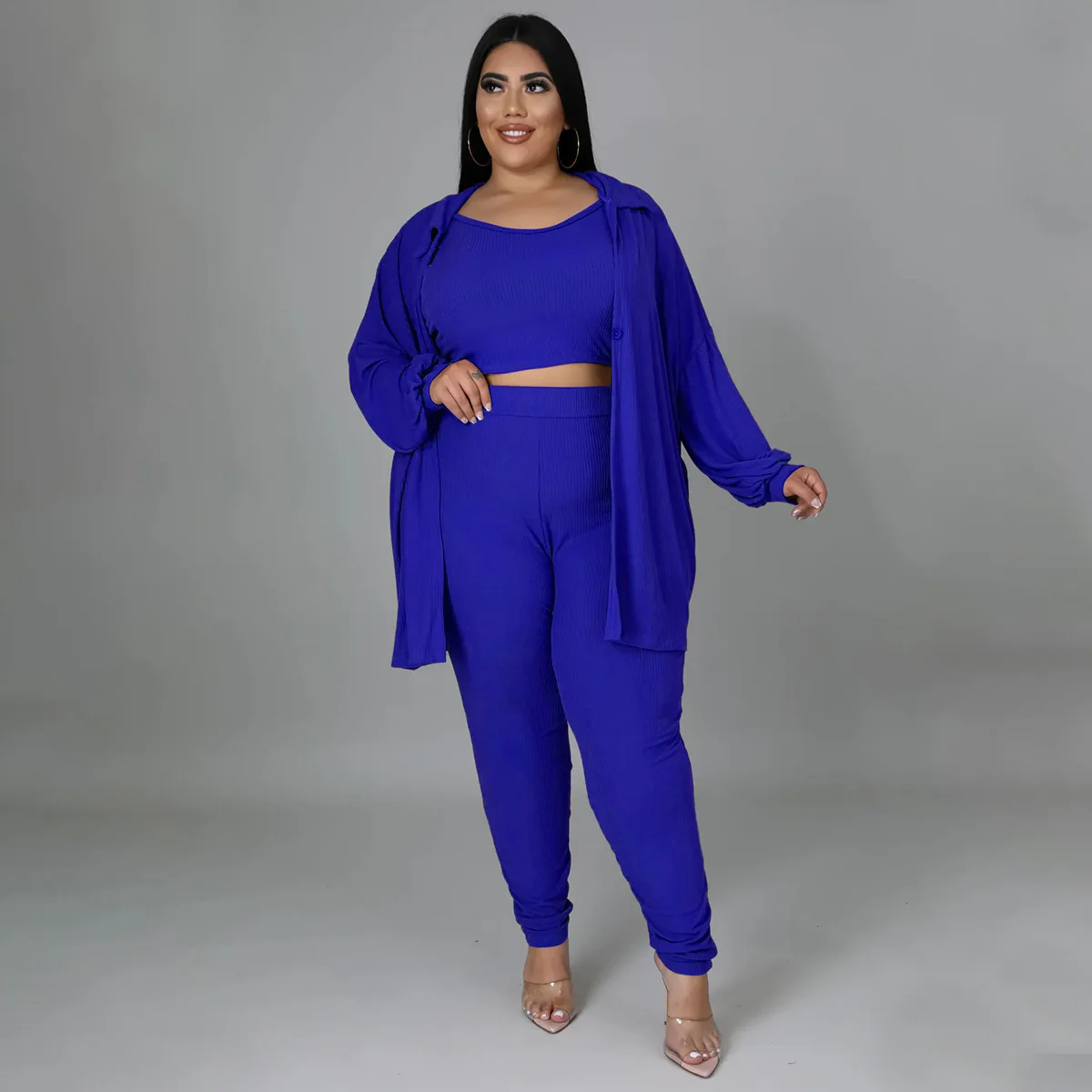 

Elegant Temperament Long Sleeve Lapel Cardigan Tank Top Long Pants 2023 Autumn New Fashion CasualSolid Color Women 3 Piece Set