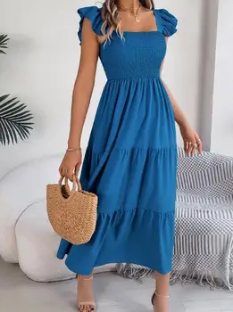 2025 Summer Solid Color Square Neck Mushroom Edge Waistband A-Line Long Skirt for Women, Elegant Slim Fit Camisole Dress 1