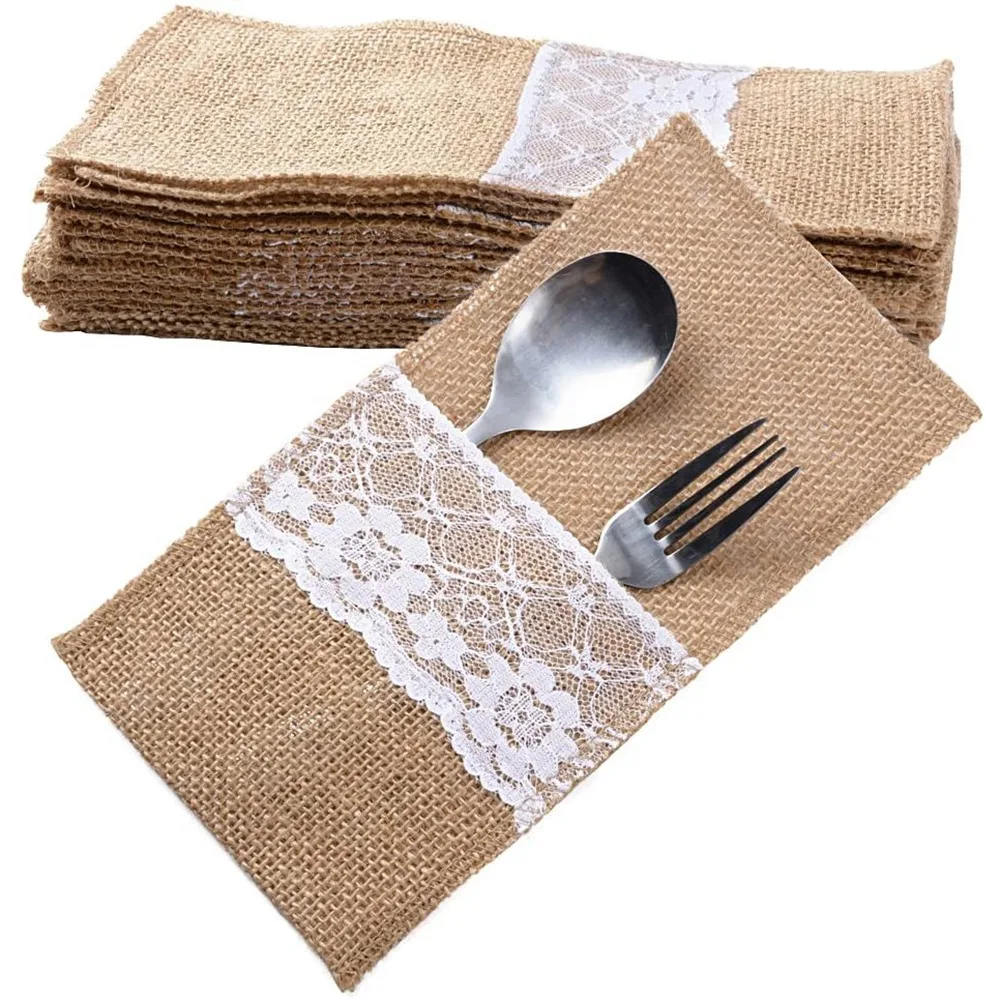 

Jute Cutlery Bag Cutlery Holder Natural Knife and Forks Set Wedding Vintage Table Decoration for Wedding Christmas Party