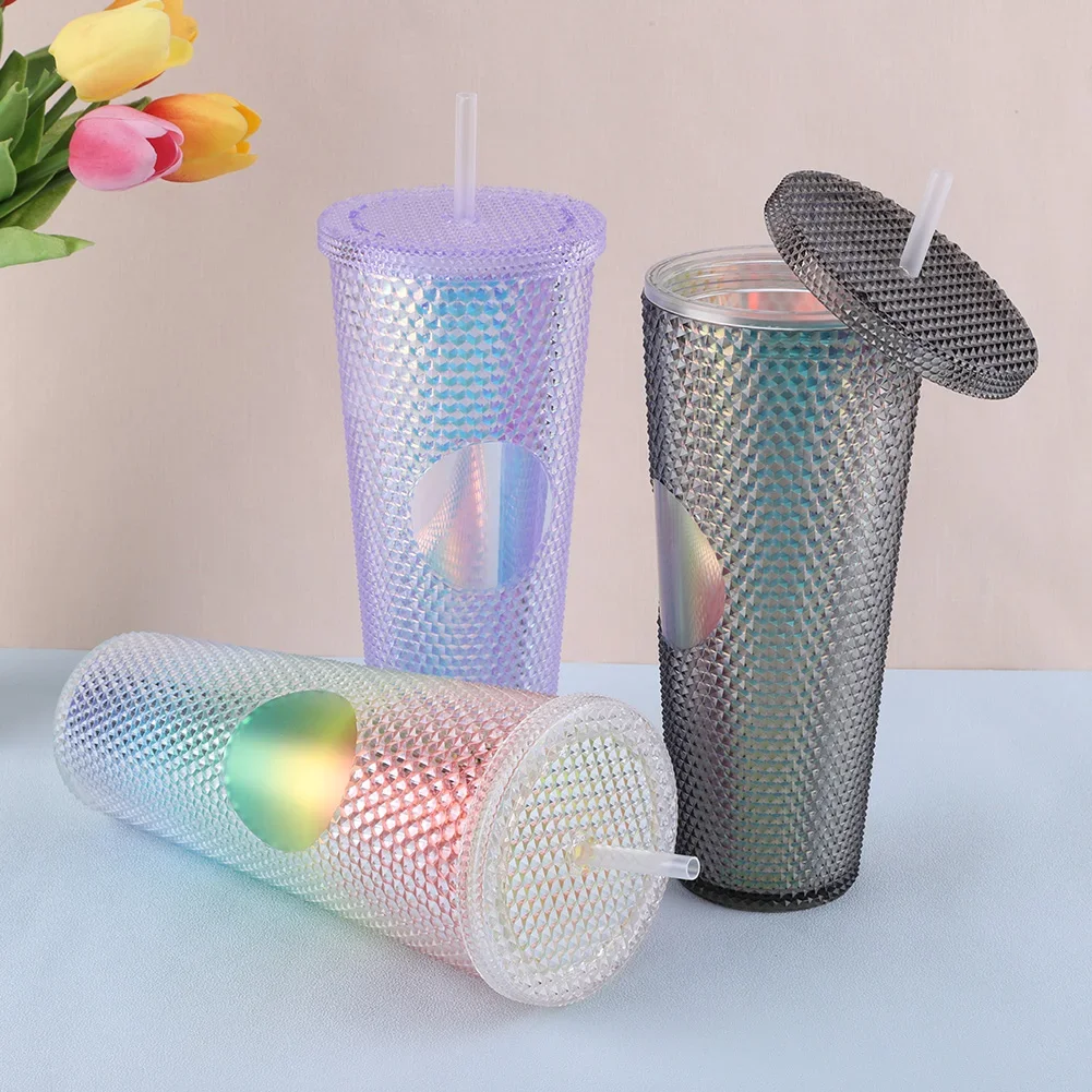 750ml Straw Cup with Lid Studded Finish Double Wall Coffee Mugs Plastic Studded Durian Tumblers Cold Bling Cup Customized