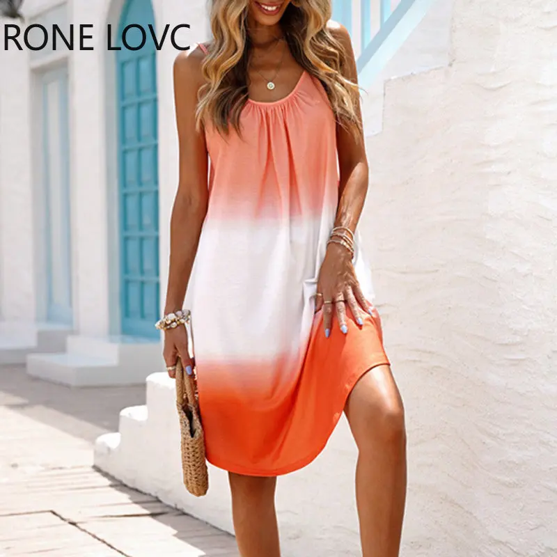 

2023 Women Chic Spaghetti Straps Sleeveless Gradient Color Mini Loose Summer Sexy Dress