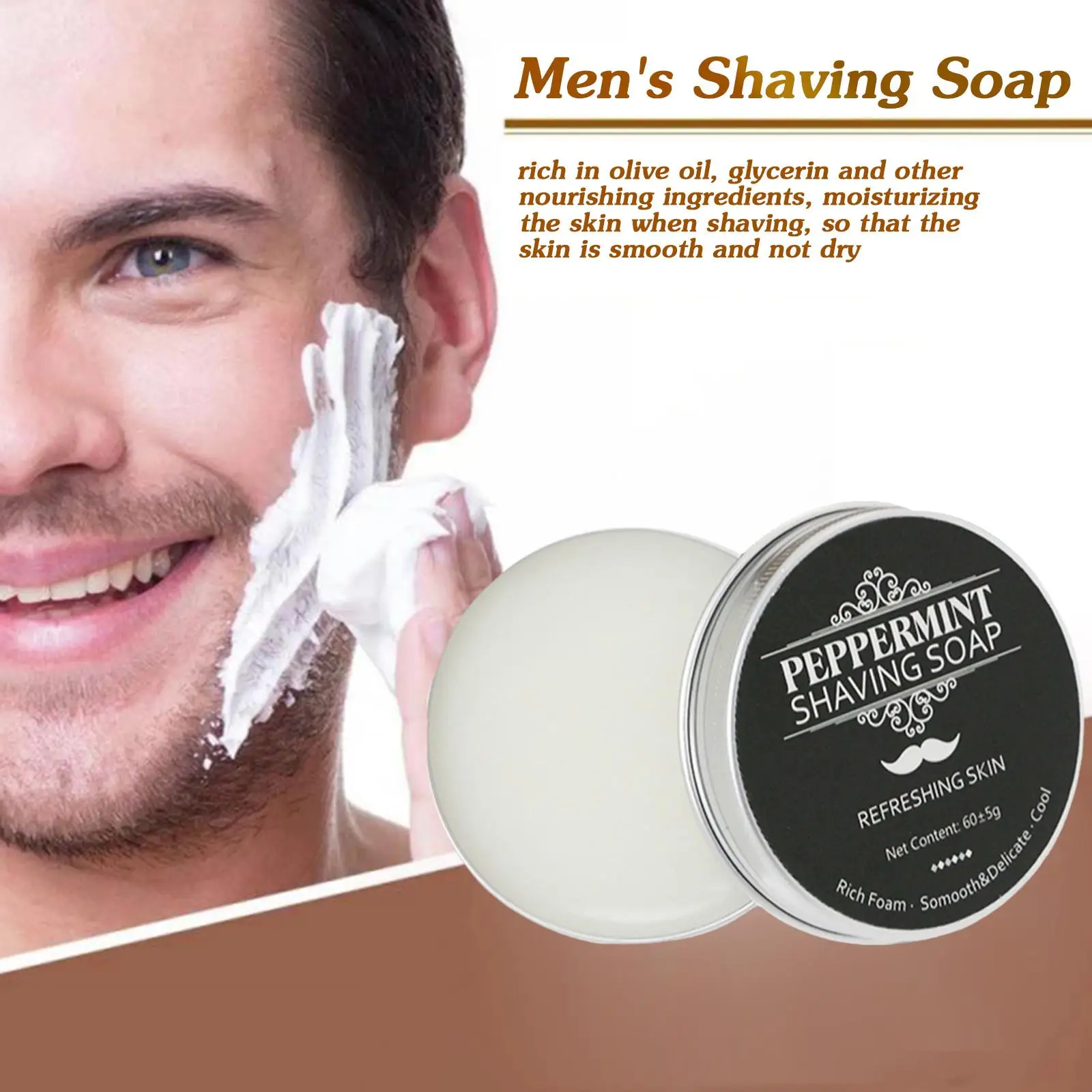 

60g Mint Scent Men's Shaving Soap Aluminum Boxed Foam Cream Shave Stimulating Handmade Rich Beard Soap Not Gentle Gentle N6U3