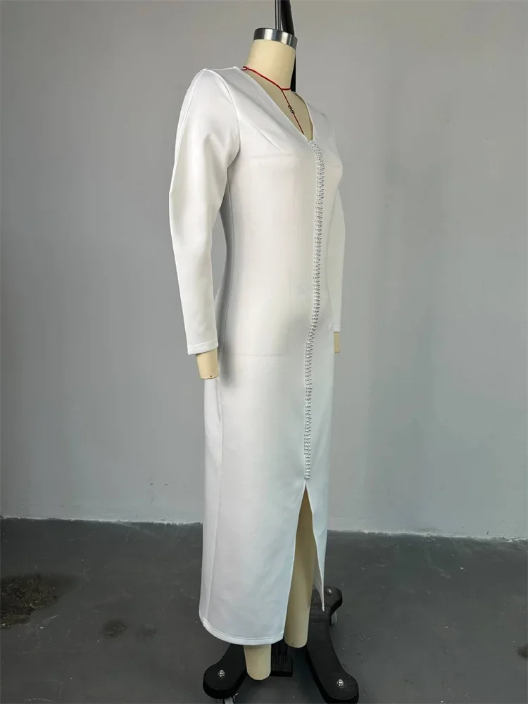 Wmstar Dress for Women 2024 Solid Color Party Sexy Beading Slip Hem Bodycon V Neck Dresses Fall Clothes Wholesale Dropshipping